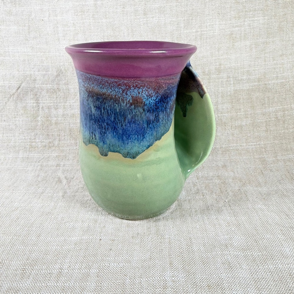 Signed Studio Pottery Mug | Handmade Ceramic Mug | Plum Blue Green Drip Glaze |